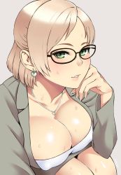 Rule 34 | 1girl, artist name, blazer, blonde hair, breasts, cleavage, dead rising, earrings, glasses, heart, heart earrings, heart necklace, highres, jessica mccarney, jewelry, large breasts, lips, looking at viewer, necklace, office lady, parted lips, pink background, short hair, smile, solo, sweat, sweatdrop, zonda (solid air)