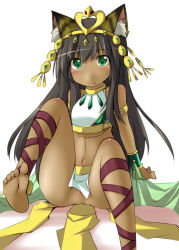 Rule 34 | 1girl, animal ears, ankle lace-up, armlet, barefoot, bastet (p&amp;d), black hair, cat ears, circlet, crop top, cross-laced footwear, dark skin, dark-skinned female, egyptian, feet, green eyes, jewelry, kaminagi (kaminagi-tei), loincloth, long hair, lots of jewelry, midriff, navel, no panties, pussy, puzzle &amp; dragons, shoes, single shoe, soles, solo, toes, uncensored, wristband