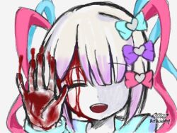 Rule 34 | 1girl, blood, blood on face, blood on hands, bow, chouzetsusaikawa tenshi-chan, closed eyes, hair bow, horror (theme), human experiment (wwinterdotcom), needy girl overdose, smile, solo, teeth, twintails, upper teeth only