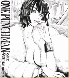 Rule 34 | 1girl, absurdres, black hair, blunt bangs, breasts, building, car, coat, copyright name, finger to mouth, fubuki (one-punch man), fur coat, greyscale, highres, jewelry, large breasts, lipstick, looking at viewer, makeup, monochrome, motor vehicle, murata yuusuke, no bra, official art, one-punch man, parted lips, short hair, sitting, smile, solo, text focus, upper body, window
