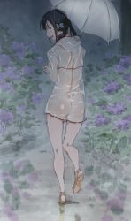 Rule 34 | 1girl, ass, back, black eyes, blush, brown footwear, commentary, cross-laced footwear, dimples of venus, exhibitionism, flower, from behind, full body, highres, holding, holding umbrella, hood, hood down, hydrangea, jacket, long hair, looking at viewer, looking back, monodevil, naked jacket, naked raincoat, nude, open mouth, original, public indecency, rain, raincoat, sandals, scrunchie, sidelocks, smile, transparent, transparent raincoat, transparent umbrella, twilight, twintails, umbrella, walking