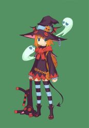 Rule 34 | 1girl, aqua eyes, backpack, bag, bat wings, demon girl, demon tail, doll, female focus, full body, ghost, green background, hat, long sleeves, official art, ootsuka shin&#039;ichirou, orange hair, paperclip, randoseru, scarf, short hair, simple background, smile, solo, standing, summon night, summon night x, tail, thighhighs, wings, witch hat