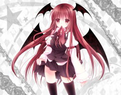 Rule 34 | 1girl, bad id, bad pixiv id, bat wings, black thighhighs, blush, clothes lift, embodiment of scarlet devil, female focus, head wings, koakuma, long hair, mikazuki sara, mouth hold, necktie, red eyes, red hair, red necktie, skirt, skirt lift, solo, thighhighs, touhou, very long hair, vest, wings