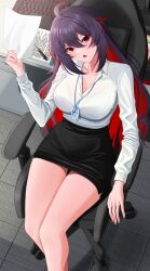 Rule 34 | 1girl, absurdres, ahoge, aircell, black hair, black skirt, blush, bra visible through clothes, breasts, chair, colored inner hair, desk, feet, floor, highres, holding, holding paper, honkai (series), honkai impact 3rd, keyboard (computer), lanyard, large breasts, long hair, long sleeves, looking at viewer, multicolored hair, office chair, office lady, open clothes, open mouth, paper, pen, red eyes, red hair, see-through, seele (alter ego), seele vollerei, shirt, shirt tucked in, skirt, solo, swivel chair, tight clothes, tight shirt, two-tone hair, very long hair, white shirt