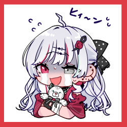 Rule 34 | 1girl, absurdres, ahoge, black bow, black gloves, blush, border, bow, chibi, commentary request, crying, crying with eyes open, ear piercing, earrings, fingerless gloves, gloom (expression), gloves, grey eyes, hair bow, heterochromia, highres, hugging object, ishigami nozomi, jewelry, kashikaze, long hair, looking at viewer, multicolored hair, nijisanji, open mouth, piercing, red border, red eyes, red hair, solo, streaked hair, tears, virtual youtuber, white background, white hair