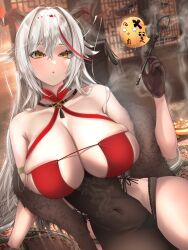 Rule 34 | 1girl, :o, aegir (azur lane), aegir (golden dragon among auspicious clouds) (azur lane), azur lane, bare shoulders, black garter straps, black gloves, breasts, brown horns, calligraphy brush, check commentary, cleavage, commentary request, covered navel, criss-cross halter, cross-eyed, crying, crying with eyes open, dress, framed breasts, garter straps, gloves, hair on horn, halterneck, highres, holding, holding calligraphy brush, holding paintbrush, horn ornament, horns, huge breasts, incense, long hair, looking at viewer, manjuu (azur lane), multicolored hair, official alternate costume, opi gyuniku, paint on body, paintbrush, red hair, sideless outfit, skindentation, sleeveless, sleeveless dress, solo, streaked hair, tears, two-tone hair, very long hair, white hair, yellow eyes
