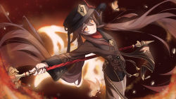 Rule 34 | 1girl, absurdres, black headwear, black nails, black shirt, black shorts, brown hair, chinese clothes, genshin impact, highres, holding, holding polearm, holding weapon, hu tao (genshin impact), jewelry, long hair, looking at viewer, nail polish, ooo wange, polearm, red eyes, ring, shirt, shorts, solo, spear, twintails, weapon