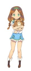 Rule 34 | 1girl, :3, blade (galaxist), blush, boots, braid, brown hair, dog, full body, green eyes, highres, low-braided long hair, low-tied long hair, official art, pet-loving girl (pop-up story), pop-up story, skirt, smile, solo, transparent background, twin braids, twintails