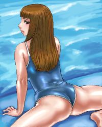 Rule 34 | 1girl, arm support, ass, barefoot, brown eyes, brown hair, lips, long hair, looking back, lowres, lying, matoyama, oekaki, on stomach, one-piece swimsuit, original, solo, spread legs, swimsuit