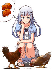 Rule 34 | 1girl, bird, blue eyes, blue jacket, blunt bangs, blush, chicken, chicken nuggets, closed mouth, collarbone, crotch seam, dress, dutch angle, fried chicken, full body, hair ornament, hairclip, hand on own cheek, hand on own face, idolmaster, idolmaster million live!, idolmaster million live! theater days, jacket, layered dress, lielos, long hair, looking down, open clothes, open jacket, panties, pantyshot, puffy short sleeves, puffy sleeves, rooster, sandals, shiraishi tsumugi, short sleeves, silver hair, simple background, smile, solo, squatting, thought bubble, unbuttoned, underwear, white background, white dress, white footwear