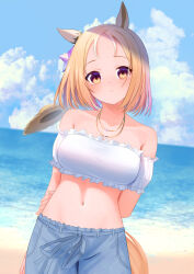 Rule 34 | 1girl, animal ears, arms behind back, bare shoulders, beach, blonde hair, blue pants, blue sky, breasts, closed mouth, cloud, collarbone, commentary, cowboy shot, day, detached sleeves, ear covers, hair ornament, hat, unworn hat, unworn headwear, highres, horse ears, horse girl, horse tail, katuko deluxe, looking at viewer, medium breasts, midriff, narita top road (umamusume), navel, ocean, official alternate costume, outdoors, pants, parted bangs, puffy detached sleeves, puffy sleeves, short hair, sidelocks, single ear cover, sky, solo, standing, star (symbol), star hair ornament, strapless, straw hat, tail, tube top, umamusume, white tube top