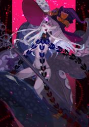 Rule 34 | 1girl, abigail williams (fate), abigail williams (third ascension) (fate), arm behind head, arm up, armpits, bare shoulders, black bow, black headwear, black panties, bow, breasts, colored skin, fate/grand order, fate (series), forehead, glowing, glowing eye, hat, kanikama jan, key, keyhole, long hair, looking at viewer, multiple bows, navel, open mouth, orange bow, panties, parted bangs, pink eyes, small breasts, smile, staff, tentacles, thighs, third eye, underwear, white hair, white skin, witch hat