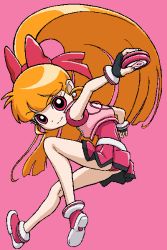 Rule 34 | 00s, 1girl, akazutsumi momoko, bare legs, belt, bow, dress, from behind, full body, hair bow, hajime (caramel toone), hyper blossom, long hair, looking at viewer, looking back, orange hair, pink background, pink dress, ponytail, powerpuff girls, powerpuff girls z, red bow, red eyes, shoes, simple background, sneakers, solo, very long hair