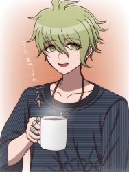 Rule 34 | 1boy, :d, amami rantaro, antenna hair, coffee cup, cup, danganronpa (series), danganronpa v3: killing harmony, disposable cup, gradient background, green eyes, green hair, highres, holding, holding cup, jewelry, male focus, messy hair, necklace, open mouth, ring, shirt, short hair, smile, solo, striped clothes, striped shirt, suiren yurei, teeth, translation request, upper body, upper teeth only