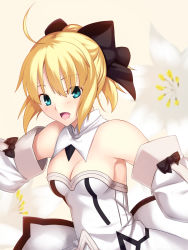 Rule 34 | 1girl, ahoge, artoria pendragon (fate), bare shoulders, blonde hair, bow, dress, fate/stay night, fate/unlimited codes, fate (series), green eyes, hair bow, highres, open mouth, ponytail, saber (fate), saber lily, skylader, smile, solo