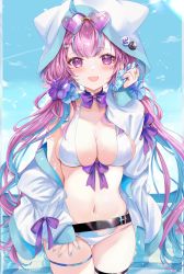 Rule 34 | 1girl, :d, bikini, black choker, blue flower, blue hair, blush, bottle, bottle to cheek, bow, bowtie, breasts, choker, cleavage, colored inner hair, cowboy shot, flower, hair flower, hair ornament, hibiscus, highres, holding, holding bottle, hololive, hood, hood up, hooded jacket, jacket, large breasts, long hair, long sleeves, looking at viewer, minato aqua, multicolored hair, navel, off shoulder, open clothes, open jacket, open mouth, pink hair, puffy long sleeves, puffy sleeves, purple bow, purple bowtie, purple eyes, purple flower, smile, solo, soraneko hino, stomach, swimsuit, thigh gap, thigh strap, twintails, very long hair, virtual youtuber, white bikini, white jacket