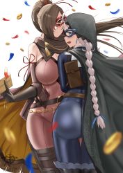 Rule 34 | 2girls, absurdres, ahoge, ass, bag, bare shoulders, belt, black cape, blue bodysuit, blue eyes, blue mask, blue ribbon, bodysuit, boots, braid, breasts, brown eyes, brown hair, cape, chain, earrings, envelope, fire emblem, fire emblem heroes, gold chain, hair ribbon, highres, holding, holding envelope, hood, hood up, hooded cape, jewelry, kagero (fire emblem), kaos art, key, keyring, large breasts, leather belt, long hair, looking at viewer, looking back, low twintails, multiple girls, nina (fire emblem), nintendo, parted bangs, ponytail, red mask, red ribbon, ribbon, satchel, skin tight, thigh boots, twin braids, twintails
