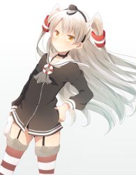Rule 34 | 10s, 1girl, amatsukaze (kancolle), black dress, brown eyes, choker, dress, garter straps, gloves, grey neckerchief, hair tubes, hand on own hip, harusawa, headgear, kantai collection, long hair, long sleeves, looking at viewer, neckerchief, red thighhighs, sailor collar, sailor dress, silver hair, simple background, single glove, solo, striped clothes, striped thighhighs, thighhighs, two side up, white background, white gloves