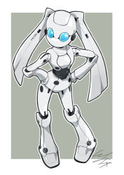 Rule 34 | 1girl, android, blue eyes, drossel von flugel, fireball (series), full body, hands on own hips, io naomichi, joints, legs apart, long hair, looking at viewer, no mouth, outline, robot joints, solid eyes, solo, standing, twintails, white outline