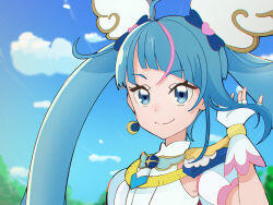 Rule 34 | 1girl, absurdres, blue eyes, blue hair, blue sky, brooch, closed mouth, cloud, cloudy sky, commentary, cure sky, cut bangs, day, detached sleeves, dress, earrings, fingerless gloves, gloves, hand in own hair, highres, hirogaru sky! precure, jewelry, long hair, looking at viewer, magical girl, multicolored hair, noe graphics, outdoors, pink hair, precure, puffy detached sleeves, puffy sleeves, single sidelock, sky, sleeveless, sleeveless dress, smile, solo, sora harewataru, streaked hair, twintails, two-tone hair, white gloves, wing brooch, wing hair ornament