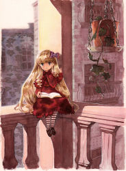 Rule 34 | 00s, 1girl, :&lt;, alternate hairstyle, balcony, blonde hair, blue eyes, blunt bangs, book, bow, building, checkered bow, checkered clothes, dress, foot dangle, hair bow, hair down, highres, long hair, long sleeves, looking away, looking to the side, missacula, on railing, open book, pantyhose, plant, potted plant, railing, red dress, rozen maiden, shinku, shoes, sitting, solo, striped clothes, striped legwear, striped pantyhose, sunlight, traditional media, very long hair, window