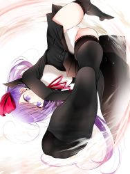 Rule 34 | 1girl, bb (fate), bb (fate/extra), black dress, blush, breasts, commentary request, dress, fate/extra, fate/extra ccc, fate (series), feet, foot focus, foreshortening, from below, hair between eyes, hair spread out, highres, jacket, lace, lace-trimmed legwear, lace trim, leotard, long hair, long sleeves, medium breasts, motion lines, neck ribbon, no shoes, oouso, open clothes, open jacket, purple eyes, purple hair, red ribbon, ribbon, see-through, see-through legwear, simple background, soles, solo, thighhighs, upside-down, very long hair, white background, white leotard