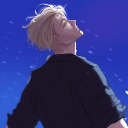 Rule 34 | 1boy, blonde hair, blue background, closed eyes, collared shirt, highres, jujutsu kaisen, light smile, male focus, nanami kento, nyaa leen, shirt, short hair, simple background, sleeve rolled up, solo, upper body