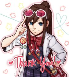Rule 34 | 1girl, ace attorney, adjusting eyewear, arm behind back, badge, blue eyes, blue vest, bow, bowtie, brown hair, button badge, buttons, coat, collared shirt, ema skye, flower, hair bun, heart, janelle, lapels, long hair, looking at viewer, pink-tinted eyewear, pleated skirt, pocket, red bow, red bowtie, shirt, sidelocks, skirt, sleeves rolled up, smile, solo, star (symbol), swept bangs, thank you, tinted eyewear, upper body, vest, vial, white-framed eyewear, white background, white coat