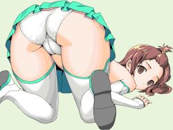 Rule 34 | 10s, 1girl, all fours, ass, bent over, brown eyes, brown hair, cameltoe, female focus, koyopi, kyouno madoka, limited palette, matching hair/eyes, panties, pantyshot, pleated skirt, rinne no lagrange, short hair, simple background, skirt, solo, thighhighs, top-down bottom-up, trefoil, underwear, upskirt, white panties, white thighhighs