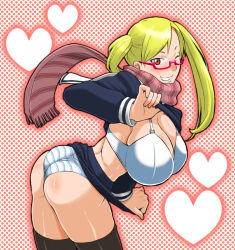 Rule 34 | 1girl, ass, blonde hair, bra, breasts, brown eyes, cleavage, clothes lift, glasses, grin, heart, huge breasts, leaning forward, lingerie, murata (acid-head), one eye closed, panties, scarf, shirt lift, skirt, skirt lift, smile, solo, striped clothes, striped panties, striped scarf, teasing, thighhighs, twintails, underwear, uneven twintails, wink