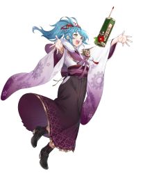 Rule 34 | 1girl, ankle boots, blue hair, boots, bow, capelet, female focus, fire emblem, fire emblem heroes, floating, floating object, fur trim, gold trim, gradient clothes, hair bow, hakama, hakama skirt, highres, ichibi, japanese clothes, kimono, long hair, long sleeves, looking away, nintendo, obi, official alternate costume, official art, open mouth, outstretched arms, ponytail, reginn (fire emblem), sash, skirt, smile, solo, spread arms, transparent background, wide sleeves, yellow eyes