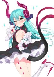 Rule 34 | &gt;:), 10s, 1girl, aqua hair, armpits, ass, black dress, blush, boots, breasts, circle skirt, closed mouth, commentary request, cosplay, dragon horns, dragon tail, dress, elizabeth bathory (fate), elizabeth bathory (fate) (cosplay), elizabeth bathory (fate/extra ccc), elizabeth bathory (first ascension) (fate), fate/extra, fate/extra ccc, fate (series), from behind, from side, hair between eyes, hair ornament, hairclip, hand gesture, hand on own hip, high heel boots, high heels, highres, horns, kantai collection, knee boots, lancer (fate/extra ccc) (cosplay), layered dress, leg up, long hair, looking at viewer, nezumi doshi, see-through, see-through dress, shiny skin, sideboob, small breasts, smile, solo, sparkle, standing, standing on one leg, suzuya (kancolle), tail, v-shaped eyebrows, w, white background, white footwear, wrist cuffs, yellow eyes