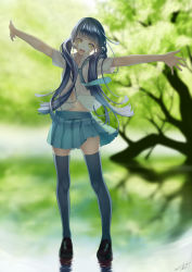 Rule 34 | 1girl, :d, blouse, blue hair, blue skirt, blue thighhighs, blurry, depth of field, head tilt, highres, loafers, long hair, miniskirt, nana mikoto, navel, open clothes, open mouth, open shirt, original, outdoors, outstretched arms, outstretched hand, pleated skirt, reflection, school uniform, shirt, shoes, short sleeves, skirt, smile, solo, spread arms, standing, standing on liquid, thighhighs, tree, very long hair, white shirt, wing collar, yellow eyes, zettai ryouiki