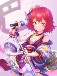 Rule 34 | 1girl, bare shoulders, belt, belt buckle, blush, brown eyes, buckle, character name, choker, collarbone, commentary, cowboy shot, crop top, dragon print, floral print, flower, gold trim, gradient background, hadanugi dousa, hair ornament, holding, holding microphone, idolmaster, idolmaster cinderella girls, idolmaster cinderella girls starlight stage, japanese clothes, kanzashi, kimono, looking at viewer, microphone, microphone stand, murakami tomoe, navel, o-ring, obi, off shoulder, open clothes, open kimono, petals, poroze, red hair, sarashi, sash, short hair, shorts, smile, solo, tattoo, wide sleeves, wrist cuffs