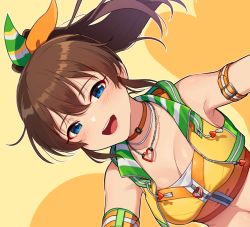 Rule 34 | 1girl, arm strap, blue eyes, breasts, brown hair, choker, commentary, crop top, cropped jacket, green ribbon, hair ribbon, half-closed eyes, heart, heart necklace, idol, idolmaster, idolmaster million live!, jacket, jewelry, kamille (vcx68), looking at viewer, medium breasts, medium hair, necklace, open mouth, ponytail, ribbon, satake minako, shirt, smile, solo, upper body, yellow background, yellow choker, yellow jacket, yellow ribbon, yellow shirt