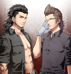 Rule 34 | 10s, 2boys, bad id, bad pixiv id, bare pectorals, belt, black hair, brown hair, final fantasy, final fantasy xv, gladiolus amicitia, glasses, gloves, hinoe (dd works), ignis scientia, jacket, looking at viewer, male focus, multiple boys, pectorals, scar, scar across eye, scar on face, shirt, short sleeves, smile, unshaved face