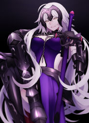 Rule 34 | 1girl, absurdres, armor, armored boots, armored dress, bare shoulders, black dress, black thighhighs, boots, breasts, chain, collar, crossed legs, dress, fate/grand order, fate (series), faulds, fur-trimmed legwear, fur trim, gauntlets, grey hair, grin, headpiece, highres, jeanne d&#039;arc alter (avenger) (fate), jeanne d&#039;arc alter (fate), large breasts, long hair, looking at viewer, metal collar, plackart, smile, solo, sumi (gfgf 045), sword, thighhighs, thighs, very long hair, weapon, yellow eyes