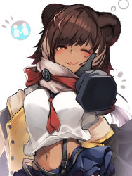 Rule 34 | 1girl, absurdres, animal ears, animal nose, arknights, bad id, bad pixiv id, bear ears, blush, body fur, brown hair, commentary request, disembodied hand, fang, furrification, furry, furry female, hand on another&#039;s cheek, hand on another&#039;s face, highres, leto (arknights), looking at viewer, navel, one eye closed, open mouth, orange eyes, short hair, simple background, skin fang, skirt, smile, solo focus, suspender skirt, suspenders, tab head, white background