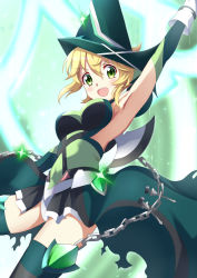 Rule 34 | 1girl, absurdres, akatsuki kirika, arm up, armpits, blonde hair, blush, breasts, chain, elbow gloves, gloves, green eyes, highres, large breasts, looking at viewer, looking to the side, magical girl, open mouth, rikopin, senki zesshou symphogear, short hair, simple background, smile, solo, sparkle background, striped clothes, striped thighhighs, teeth, thighhighs, tongue, upper teeth only