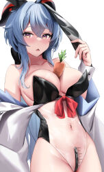 Rule 34 | 1girl, alternate costume, animal ears, bare shoulders, between breasts, black bow, black leotard, blue hair, blush, bow, breasts, carrot, cleavage, collarbone, commentary, cowboy shot, crossed bangs, crotch zipper, dick-o-meter, english commentary, fake animal ears, fang, ganyu (genshin impact), genshin impact, goat horns, gradient eyes, groin, hair between eyes, hair bow, hand up, highleg, highleg leotard, highres, holding ear, horns, jacket, large breasts, leotard, looking at viewer, meme attire, multicolored eyes, navel, open clothes, open jacket, open mouth, paid reward available, playboy bunny, rabbit ears, see-through, sidelocks, simple background, skai kun, skin fang, strapless, strapless leotard, translucent bunnysuit, triangle mouth, white background, white jacket, white wrist cuffs, wide sleeves, wrist cuffs, yellow eyes, zipper, zipper pull tab