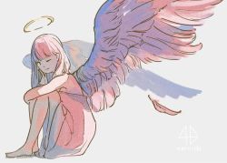 Rule 34 | 1girl, angel, angel wings, artist name, barefoot, feathered wings, feathers, grey background, halo, highres, index finger raised, knees up, long hair, looking at viewer, one eye closed, original, pink feathers, pink hair, pink wings, simple background, sitting, smile, solo, srimerimer718, white background, wings