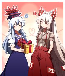 Rule 34 | !, 2girls, blue dress, blue hair, blue headwear, border, bow, bright pupils, brown shirt, closed eyes, collared dress, collared shirt, dress, fujiwara no mokou, gift, hair bow, hands in pockets, heart, highres, holding, holding gift, hoshii 1213, kamishirasawa keine, long hair, looking at another, multicolored hair, multiple girls, navel, ofuda, ofuda on clothes, outline, pants, puffy short sleeves, puffy sleeves, red eyes, red pants, shirt, short sleeves, smile, spoken exclamation mark, spoken heart, standing, suspenders, torn clothes, torn sleeves, touhou, two-tone hair, very long hair, white border, white hair, white outline, white pupils