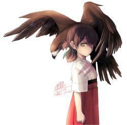 Rule 34 | 1girl, animal, bird, brown eyes, brown hair, closed mouth, commentary request, cowboy shot, dated, dougi, expressionless, folded ponytail, green ribbon, hair ribbon, hakama, hakama short skirt, hakama skirt, hawk, highres, japanese clothes, kantai collection, kasuga maru (kancolle), long hair, looking at viewer, negative space, nmz (namazu), red hakama, ribbon, short sleeves, sidelocks, signature, simple background, skirt, solo, twitter username, white background