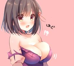 Rule 34 | !?, 10s, 1girl, bare shoulders, blush, breast expansion, breasts, brown eyes, brown hair, cleavage, haguro (kancolle), hair ornament, kantai collection, large breasts, lowres, mayachi (amuriya), open mouth, pink background, short hair, solo, torn clothes, translated