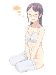 Rule 34 | 1girl, ^ ^, bad id, bad pixiv id, between legs, black hair, blush, bottomless, bra, breasts, cleavage, closed eyes, collarbone, glasses, hair ornament, hairclip, hand between legs, hayyan, highres, long hair, navel, no panties, open mouth, rimless eyewear, small breasts, solo, stomach, thighhighs, underwear, underwear only, white bra, white thighhighs