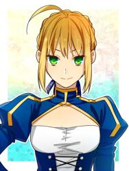Rule 34 | 1girl, ahoge, artoria pendragon (fate), blonde hair, border, breasts, cleavage cutout, closed mouth, clothing cutout, commentary request, fate (series), green eyes, hagiwara daisuke, looking at viewer, sidelocks, small breasts, solo, split mouth, twitter username, upper body, white border