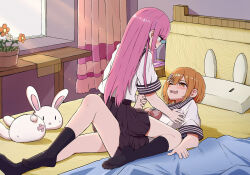 Rule 34 | 2girls, bedroom, black skirt, black socks, blunt bangs, bow, bowtie, curtains, feet, flower pot, full body, hair ornament, hand on another&#039;s chest, highres, indoors, knee up, legs, long hair, looking at another, lying, medium hair, miniskirt, multiple girls, no shoes, on back, on bed, one eye closed, open mouth, orange hair, original, parted bangs, pink hair, plant, potted plant, qiufengxiaose, red bow, red bowtie, school uniform, serafuku, short sleeves, sitting, sitting on person, skirt, socks, soles, thighs, tickling, toes, window, yuri