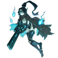 Rule 34 | 1girl, android, artist request, aura, bent over, black footwear, black hair, black leotard, black sleeves, blue cloak, blue fire, breasts, camouflage, center opening, cloak, detached sleeves, digital camouflage, fire, floating, full body, ghost, girls&#039; frontline, gloves, grey cloak, gun, halloween, halloween costume, head-mounted display, hitodama, holding, holding gun, holding weapon, jaeger (girls&#039; frontline), large breasts, leg armor, leotard, long hair, mechanical legs, official alternate costume, official art, ponytail, rifle, robot ears, sangvis ferri, science fiction, scope, simple background, solo, transparent background, two-tone cloak, weapon