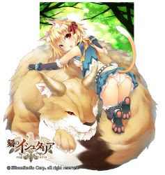 Rule 34 | 1girl, :o, age of ishtaria, animal, animal ear fluff, animal ears, ass, blonde hair, blue skirt, bow, breasts, clothes lift, copyright notice, from behind, guna (age of ishtaria), hair between eyes, hair bow, highres, lifted by tail, looking at viewer, looking back, lying, medium hair, miniskirt, official art, on stomach, orange eyes, panties, paw print soles, pleated skirt, saeki touma, skirt, skirt lift, small breasts, solo, tail, tail raised, underboob, underwear, white panties