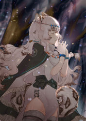 Rule 34 | 1girl, absurdres, animal ear fluff, animal ears, arknights, belt, black belt, black cape, braid, cape, closed eyes, cowboy shot, dress, from side, grey thighhighs, hands up, head chain, highres, interlocked fingers, jewelry, leopard ears, leopard tail, light particles, long hair, mumugui, own hands together, pouch, pramanix (arknights), short sleeves, silver hair, solo, standing, tail, thighhighs, thighs, turtleneck, turtleneck dress, white dress, wristband